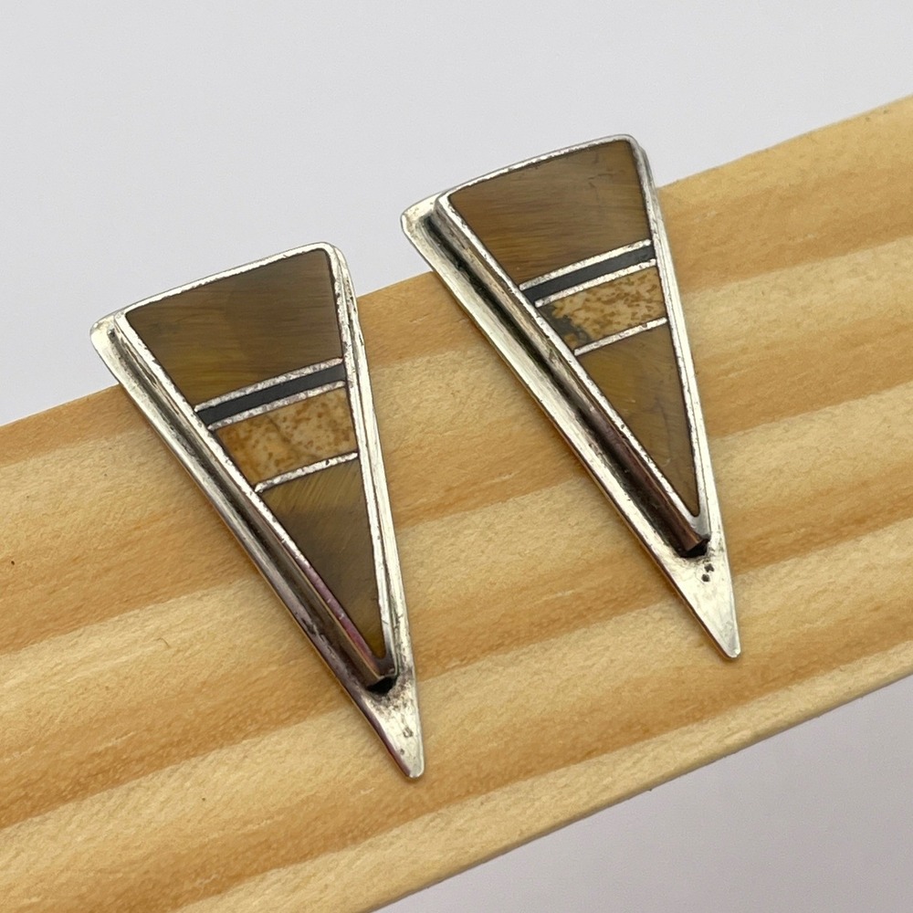 Vintage Native Tiger Eye Inlay Triangle Earrings Southwestern Petite Minimalist